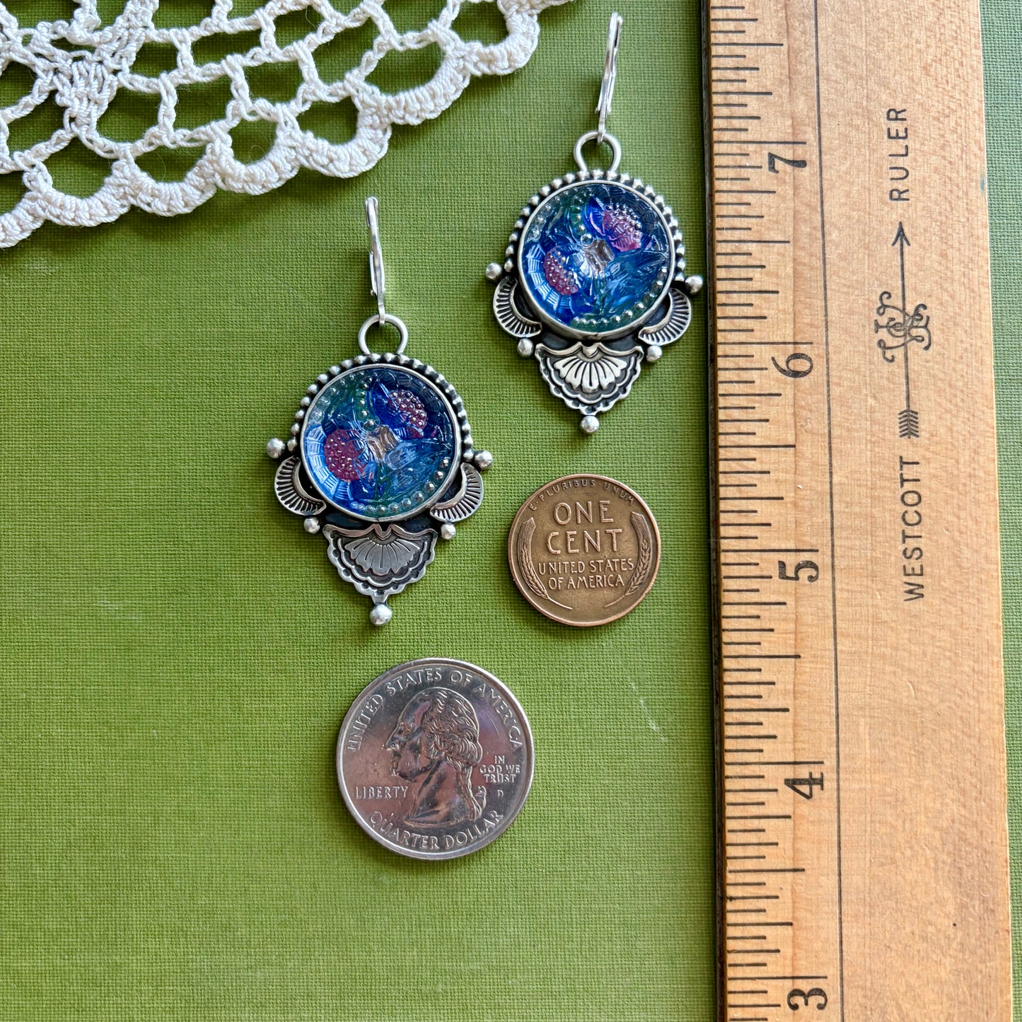 Blue & Pink Floral Glass Button Earrings
