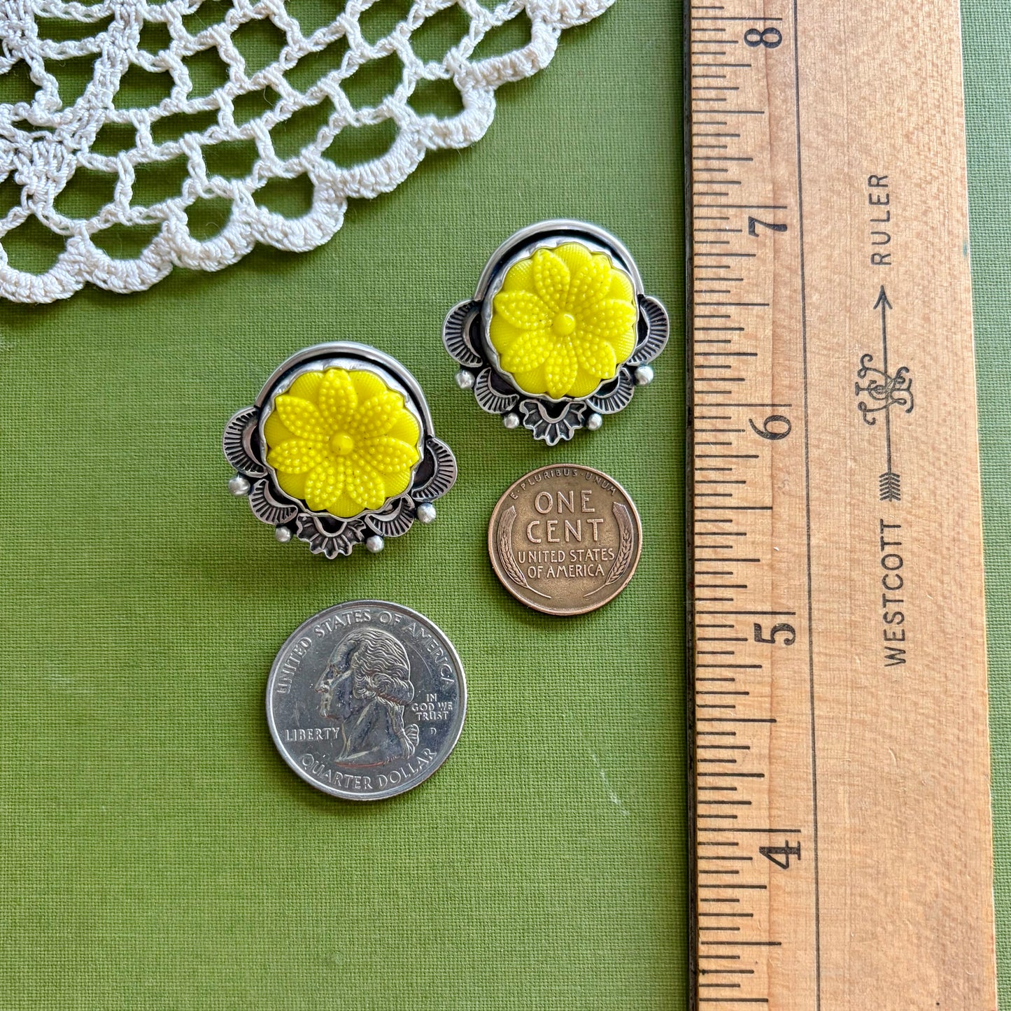Yellow Floral Glass Button Post Earrings