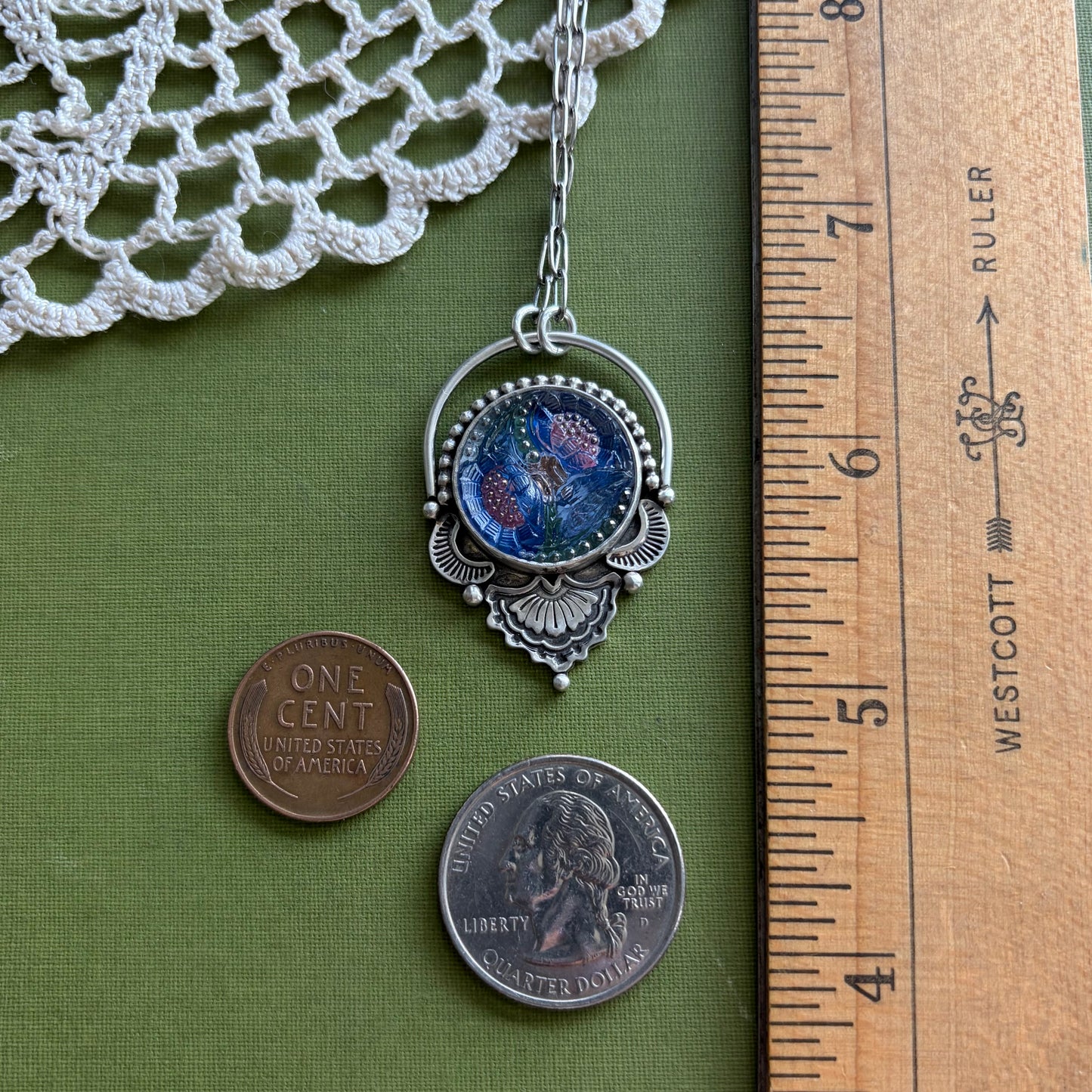 Blue & Pink Floral Glass Button Necklace