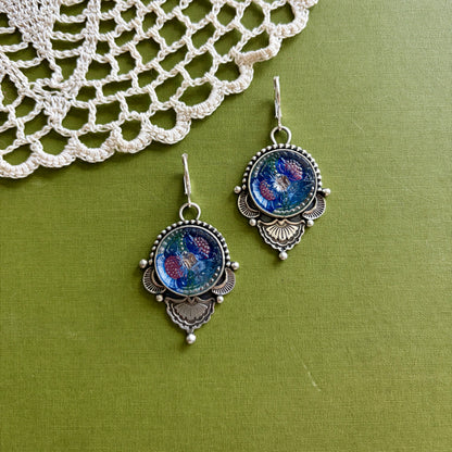 Blue & Pink Floral Glass Button Earrings