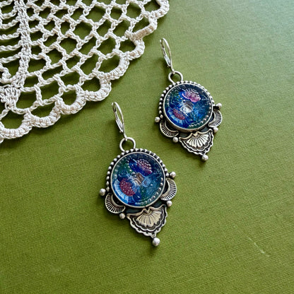 Blue & Pink Floral Glass Button Earrings