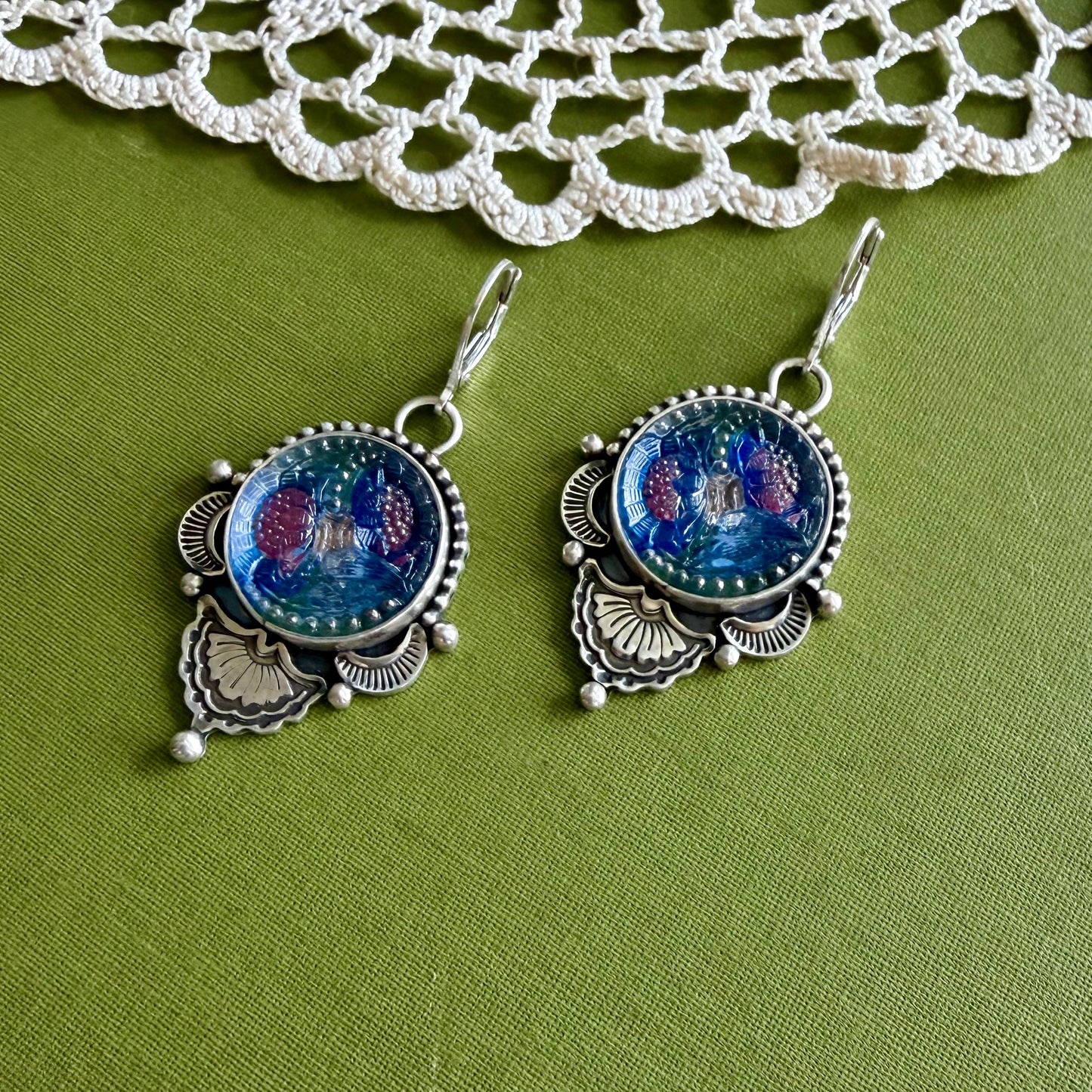 Blue & Pink Floral Glass Button Earrings