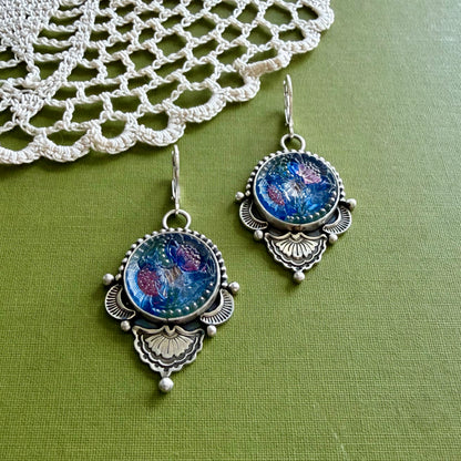 Blue & Pink Floral Glass Button Earrings