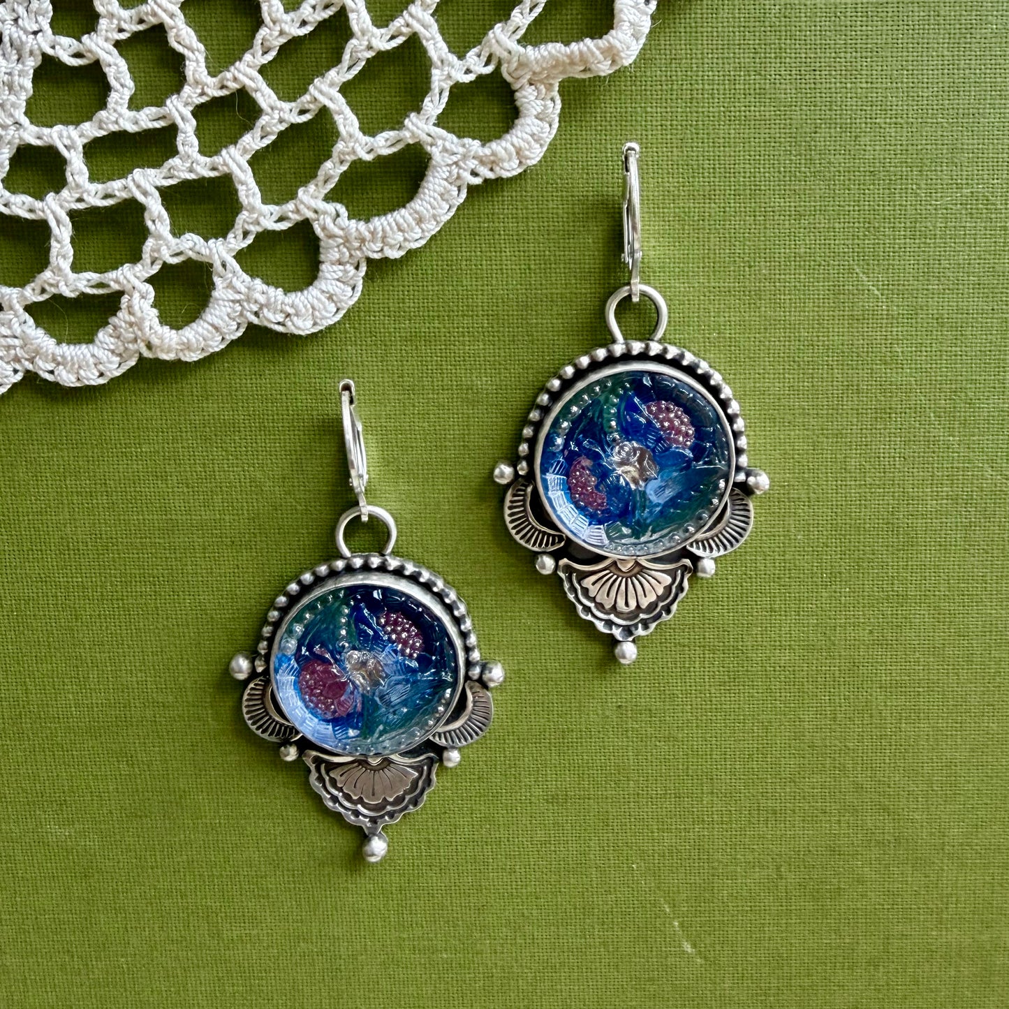 Blue & Pink Floral Glass Button Earrings