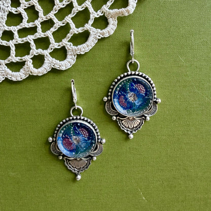 Blue & Pink Floral Glass Button Earrings