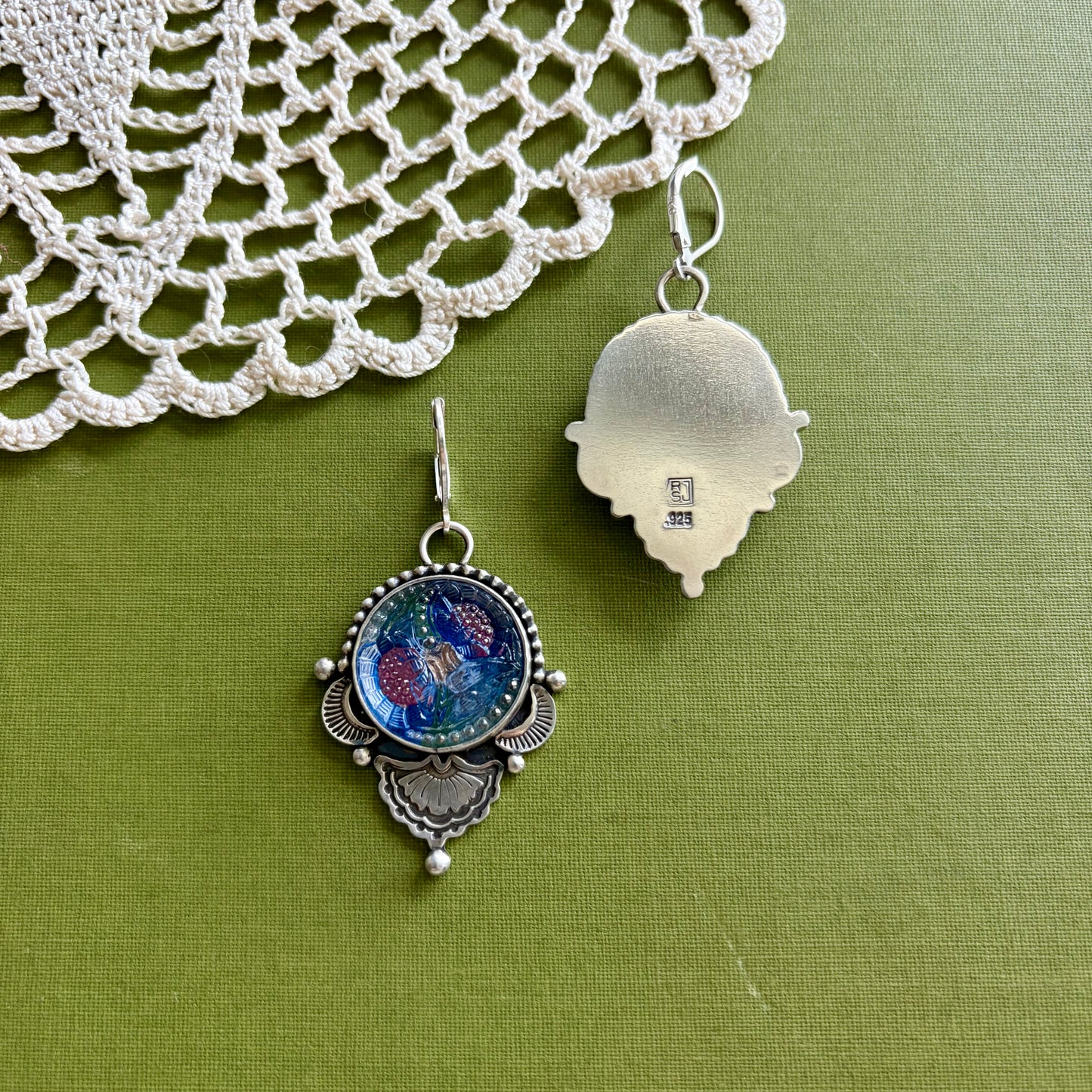 Blue & Pink Floral Glass Button Earrings