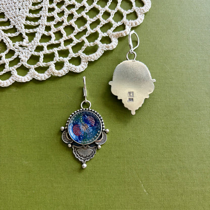 Blue & Pink Floral Glass Button Earrings