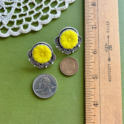 Yellow Floral Glass Button Post Earrings