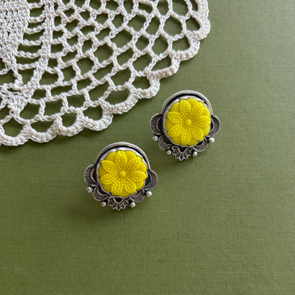 Yellow Floral Glass Button Post Earrings