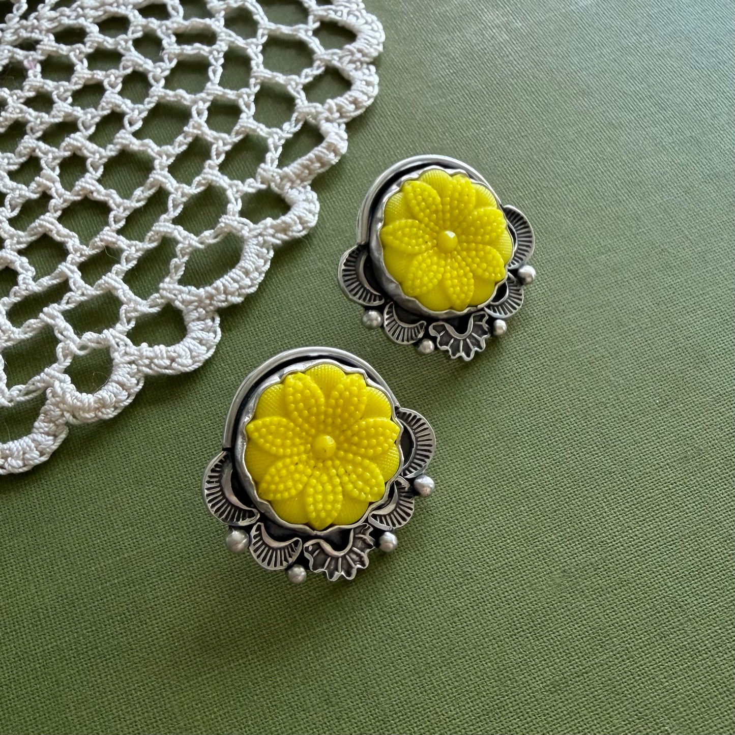 Yellow Floral Glass Button Post Earrings