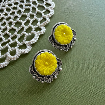 Yellow Floral Glass Button Post Earrings