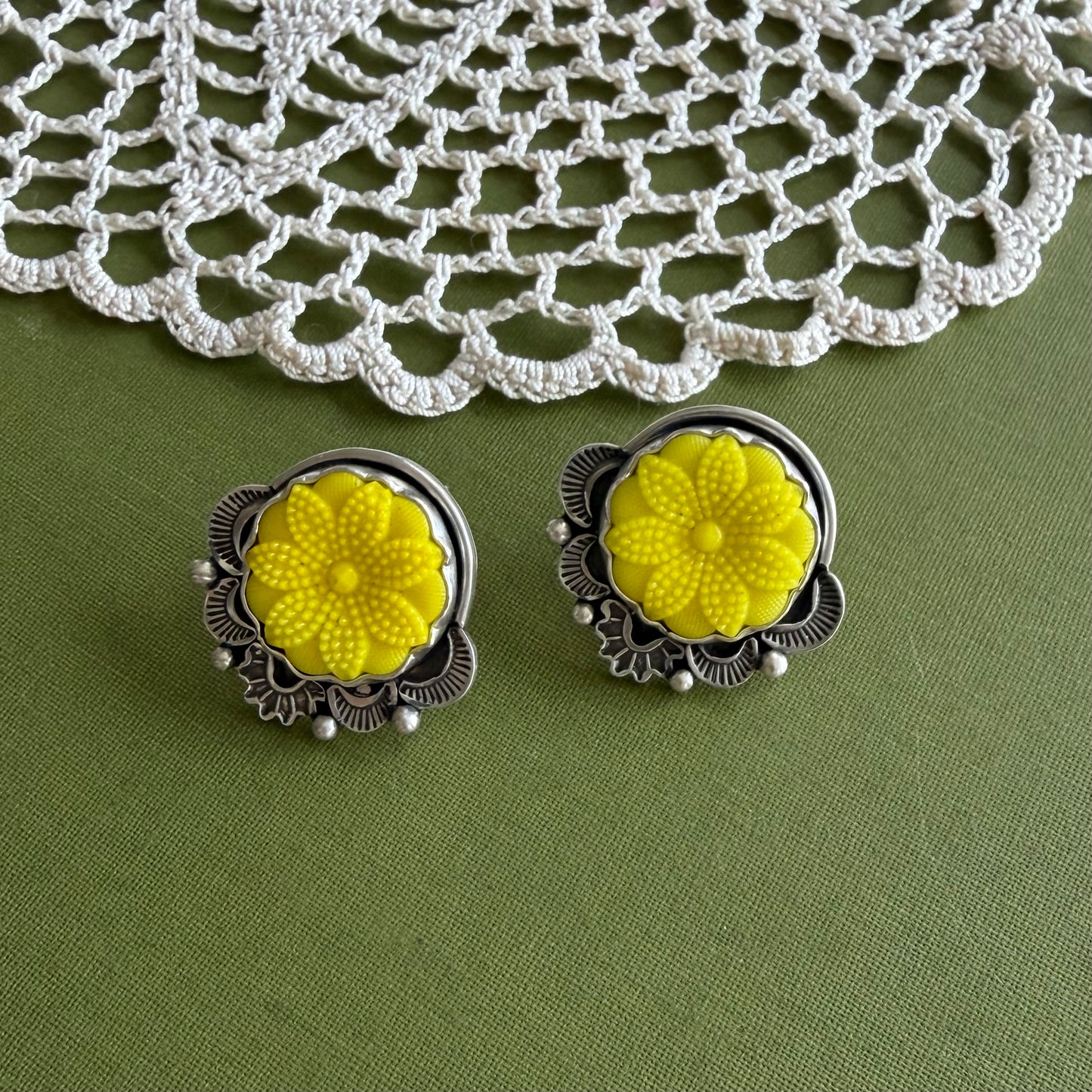 Yellow Floral Glass Button Post Earrings