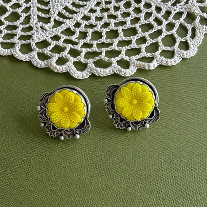 Yellow Floral Glass Button Post Earrings