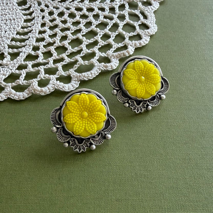 Yellow Floral Glass Button Post Earrings