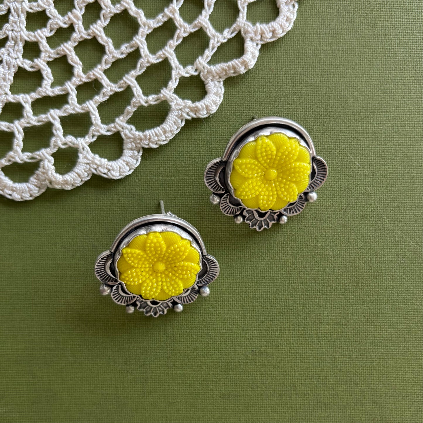 Yellow Floral Glass Button Post Earrings