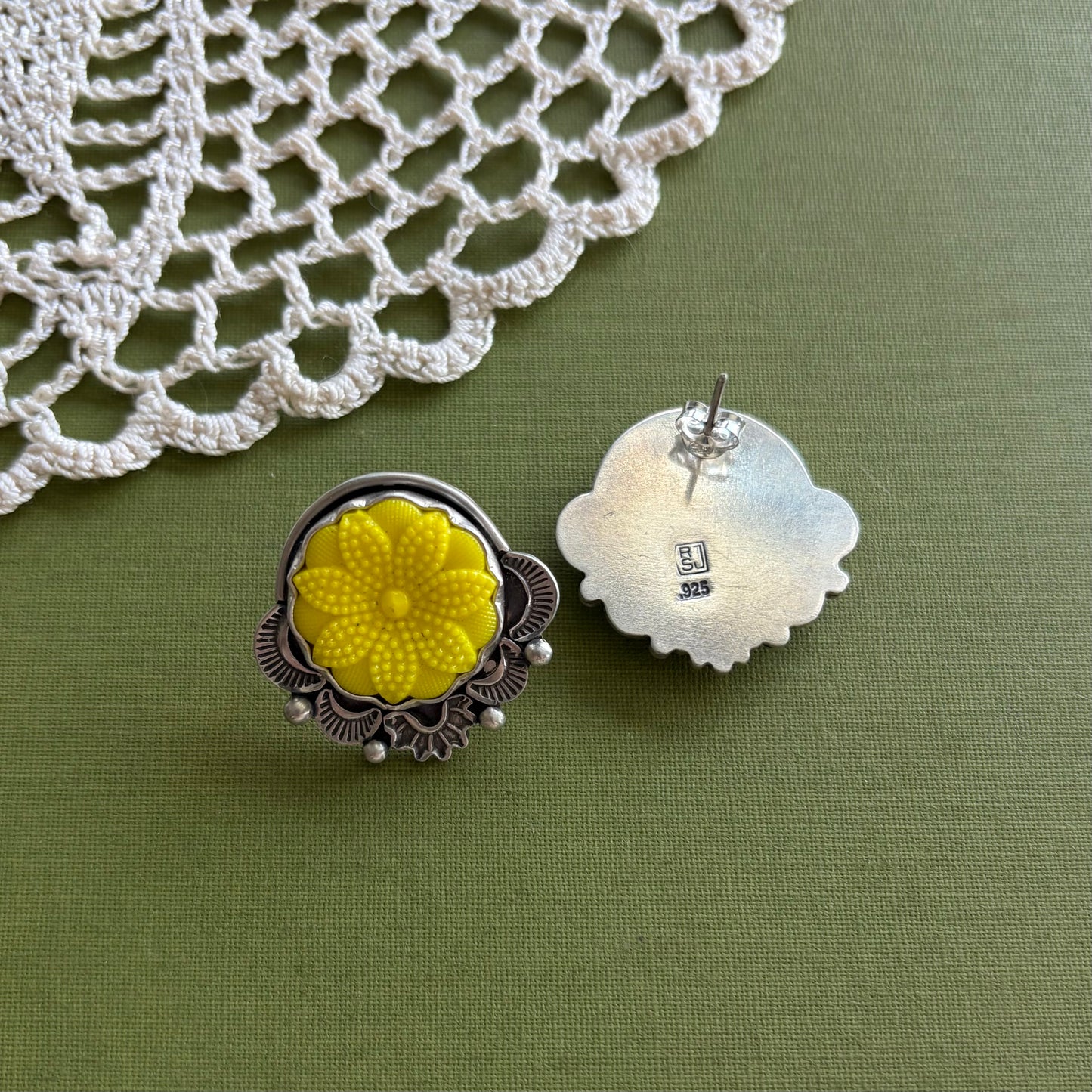 Yellow Floral Glass Button Post Earrings
