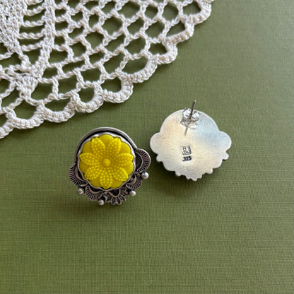 Yellow Floral Glass Button Post Earrings