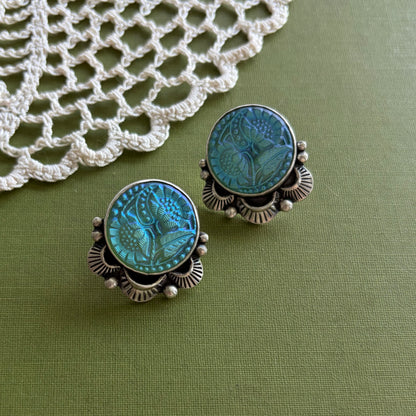 Teal Floral Glass Button Post Earrings