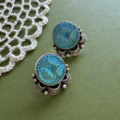 Teal Floral Glass Button Post Earrings
