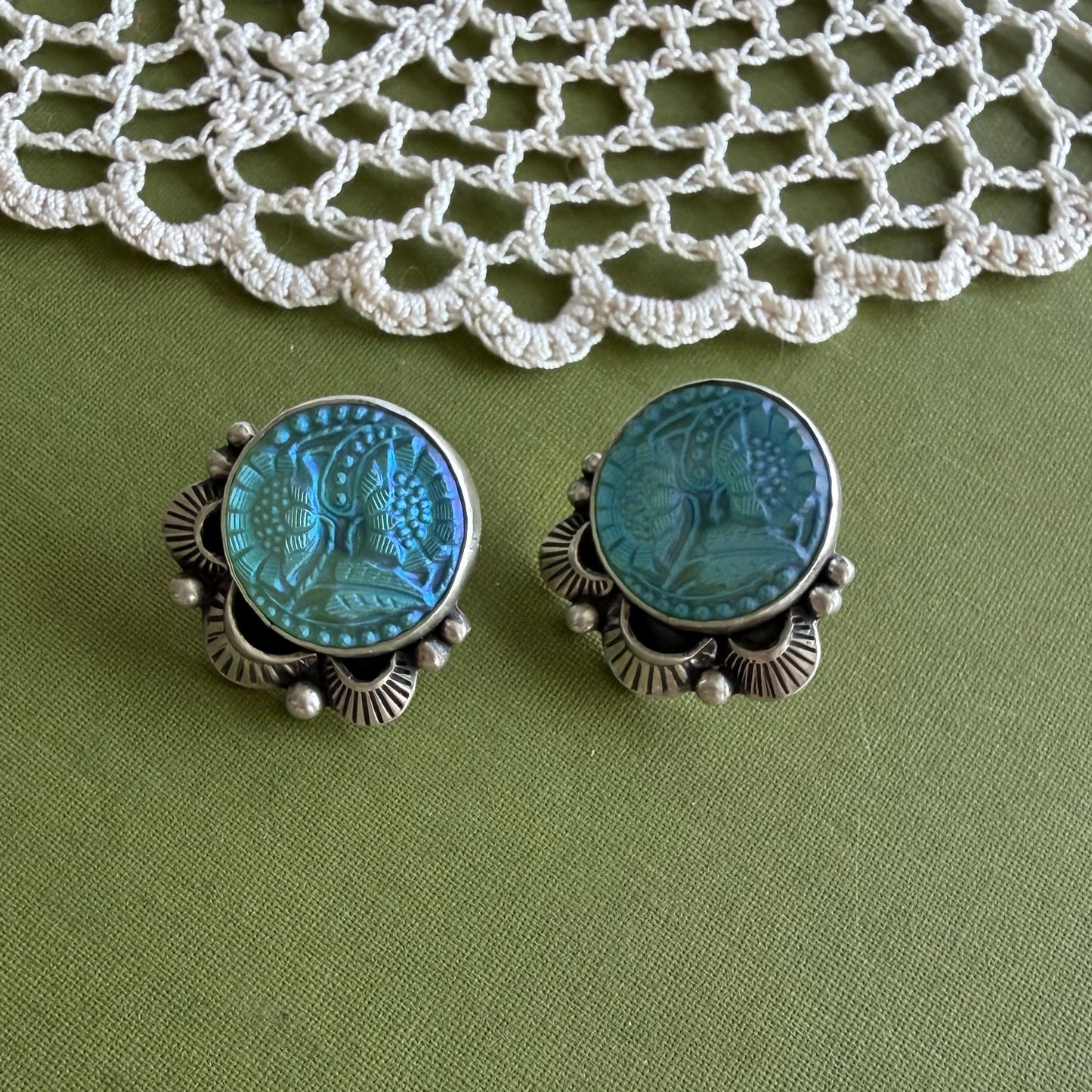 Teal Floral Glass Button Post Earrings