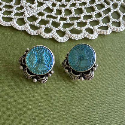 Teal Floral Glass Button Post Earrings