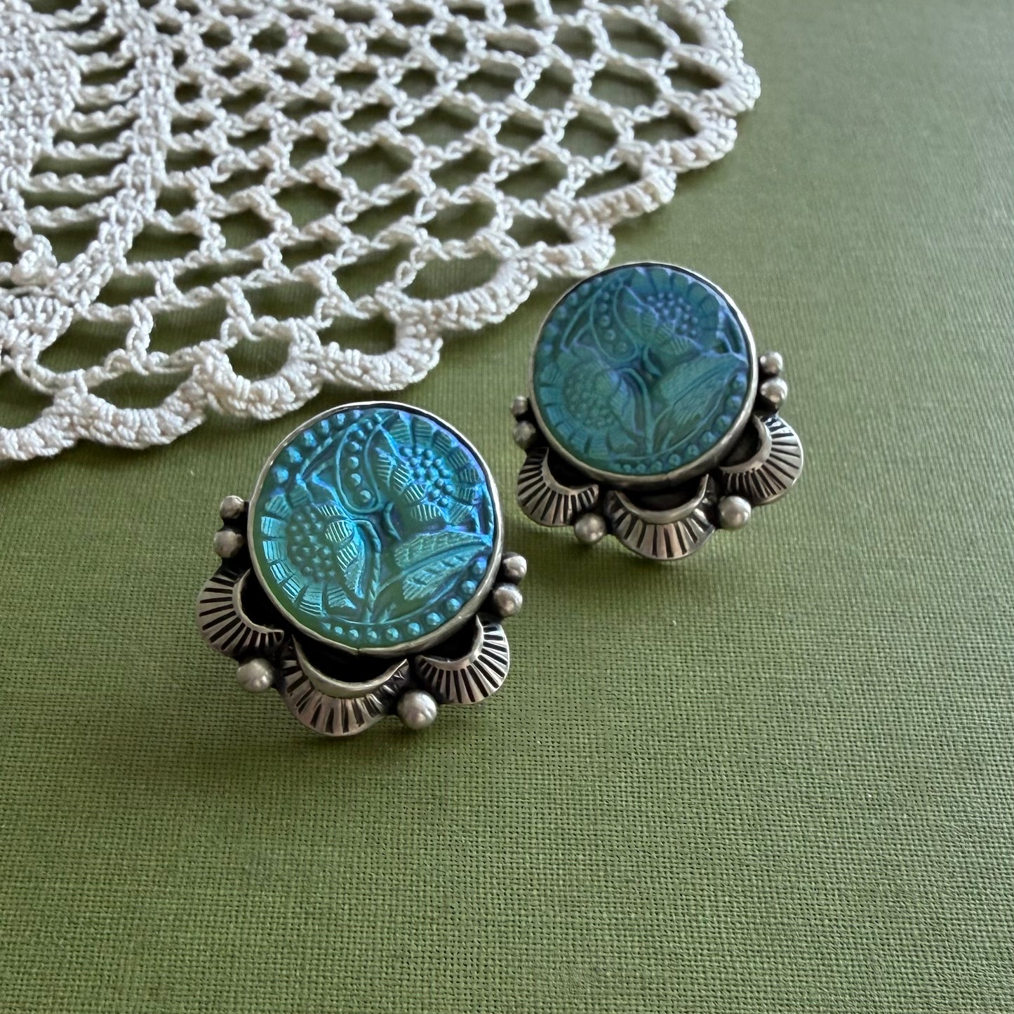Teal Floral Glass Button Post Earrings