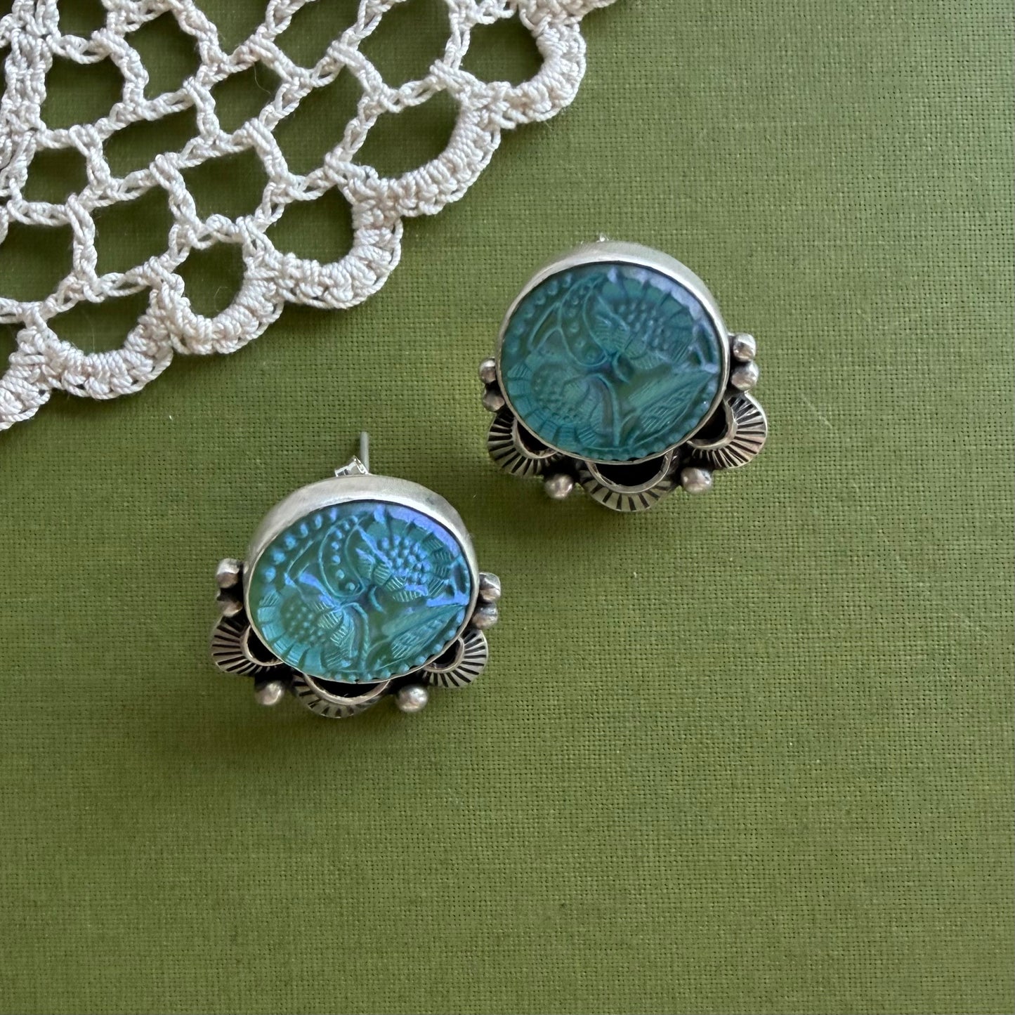 Teal Floral Glass Button Post Earrings