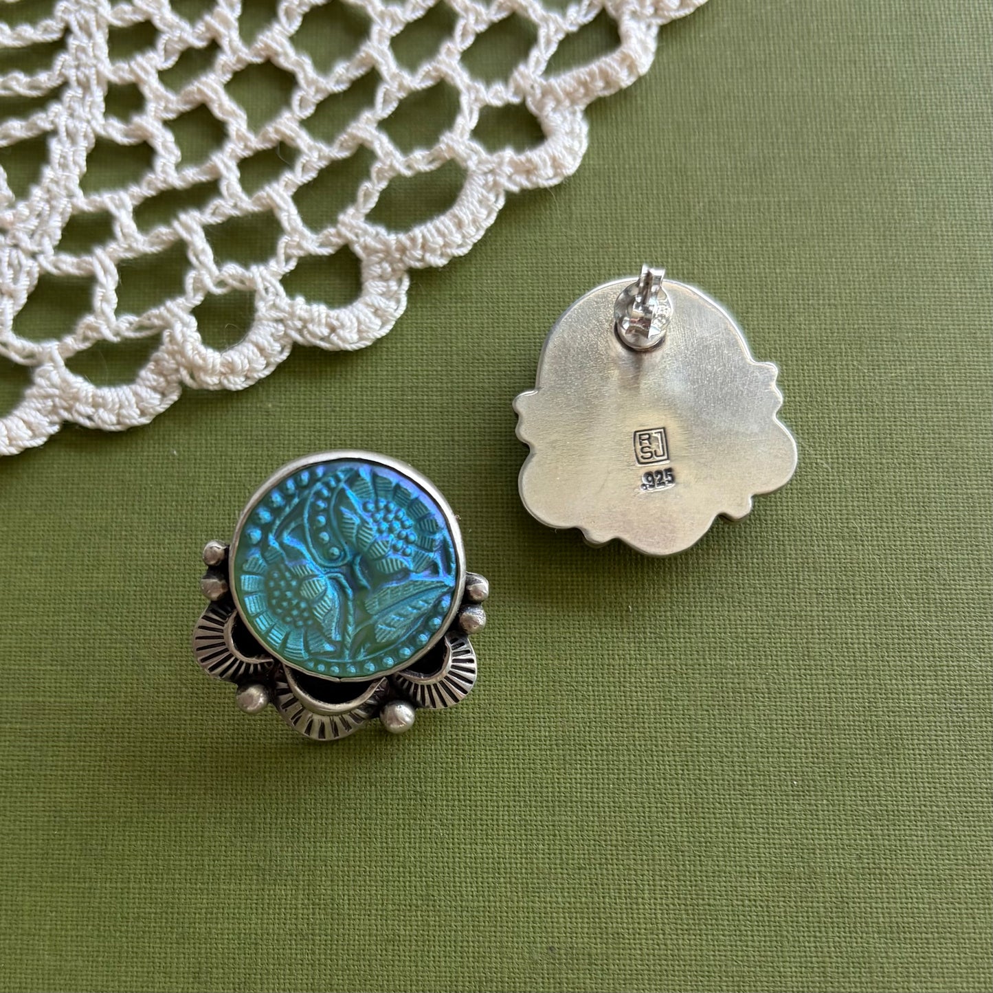 Teal Floral Glass Button Post Earrings