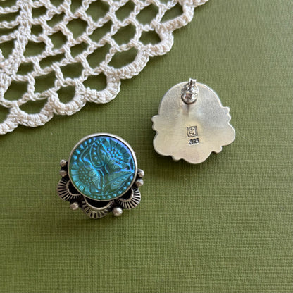 Teal Floral Glass Button Post Earrings