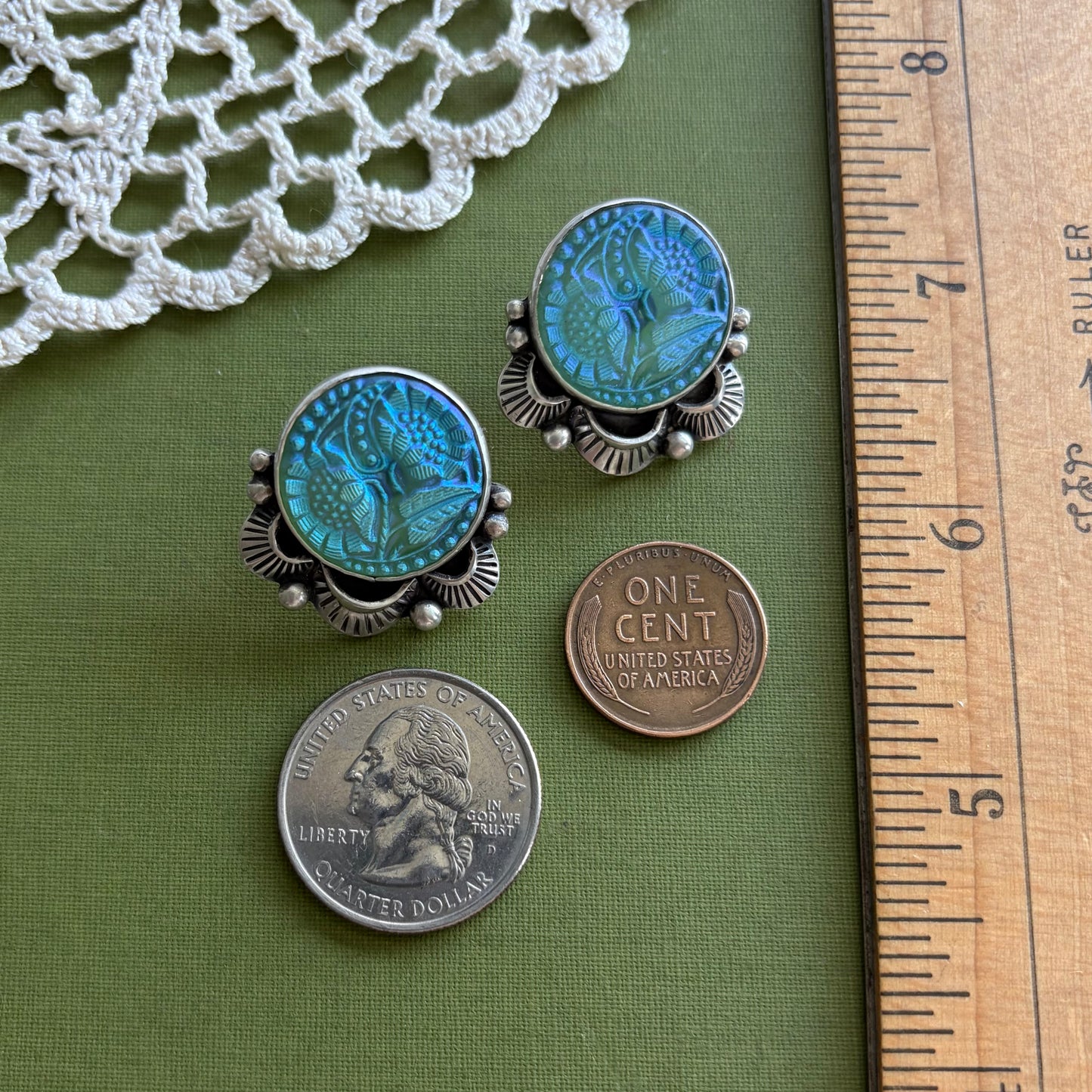 Teal Floral Glass Button Post Earrings