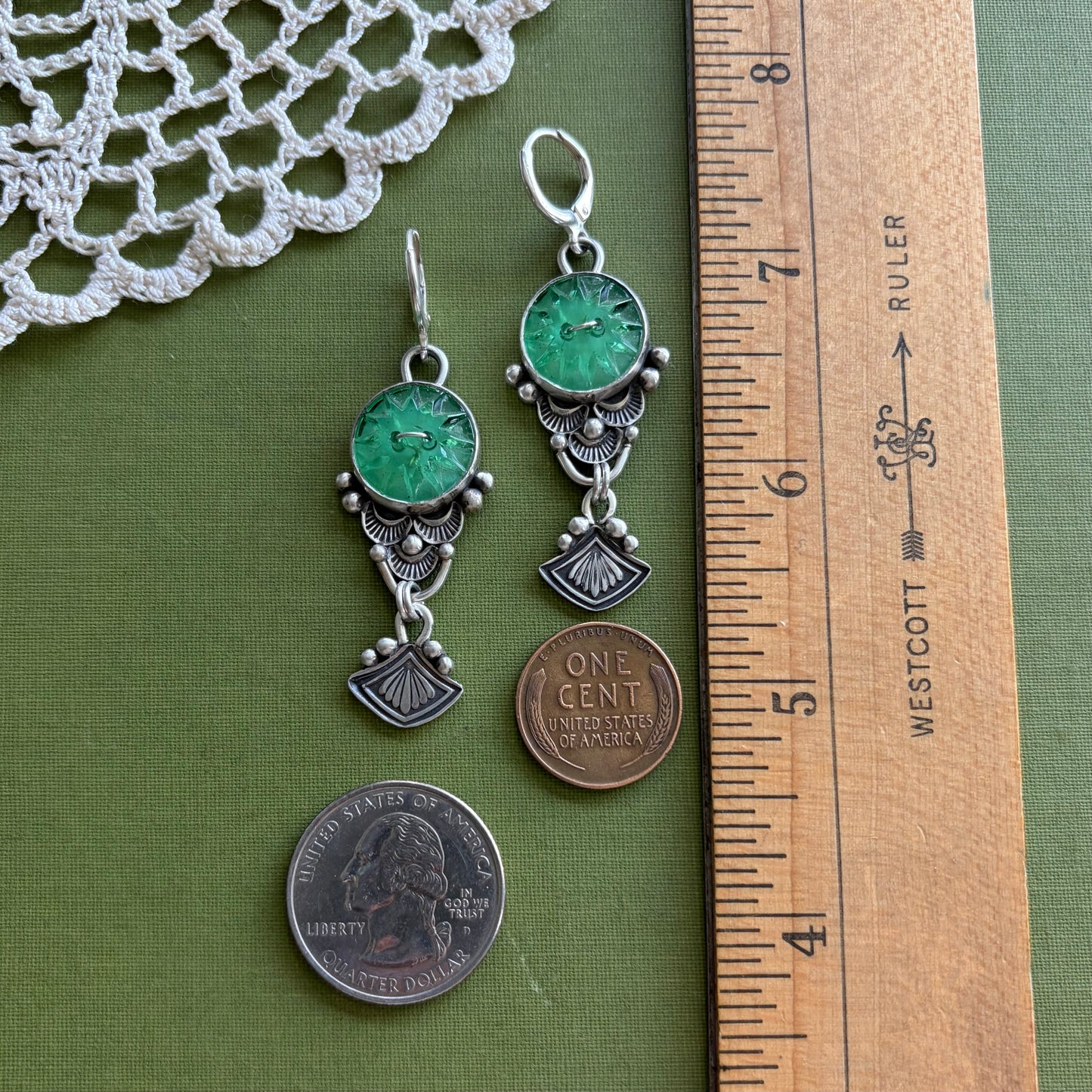 Green Glass Button Earrings