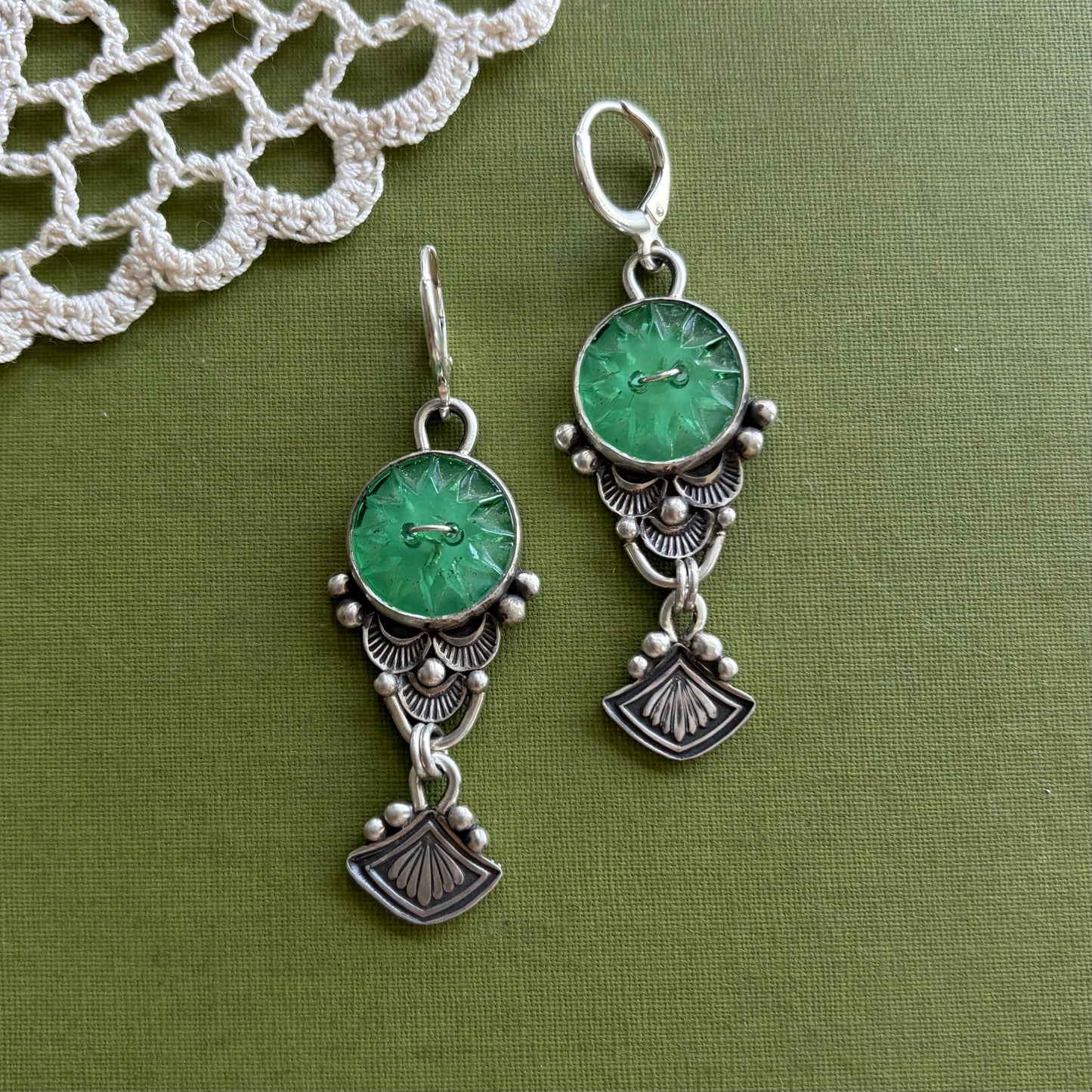 Green Glass Button Earrings