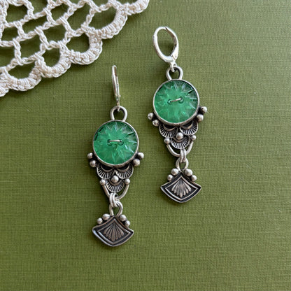 Green Glass Button Earrings