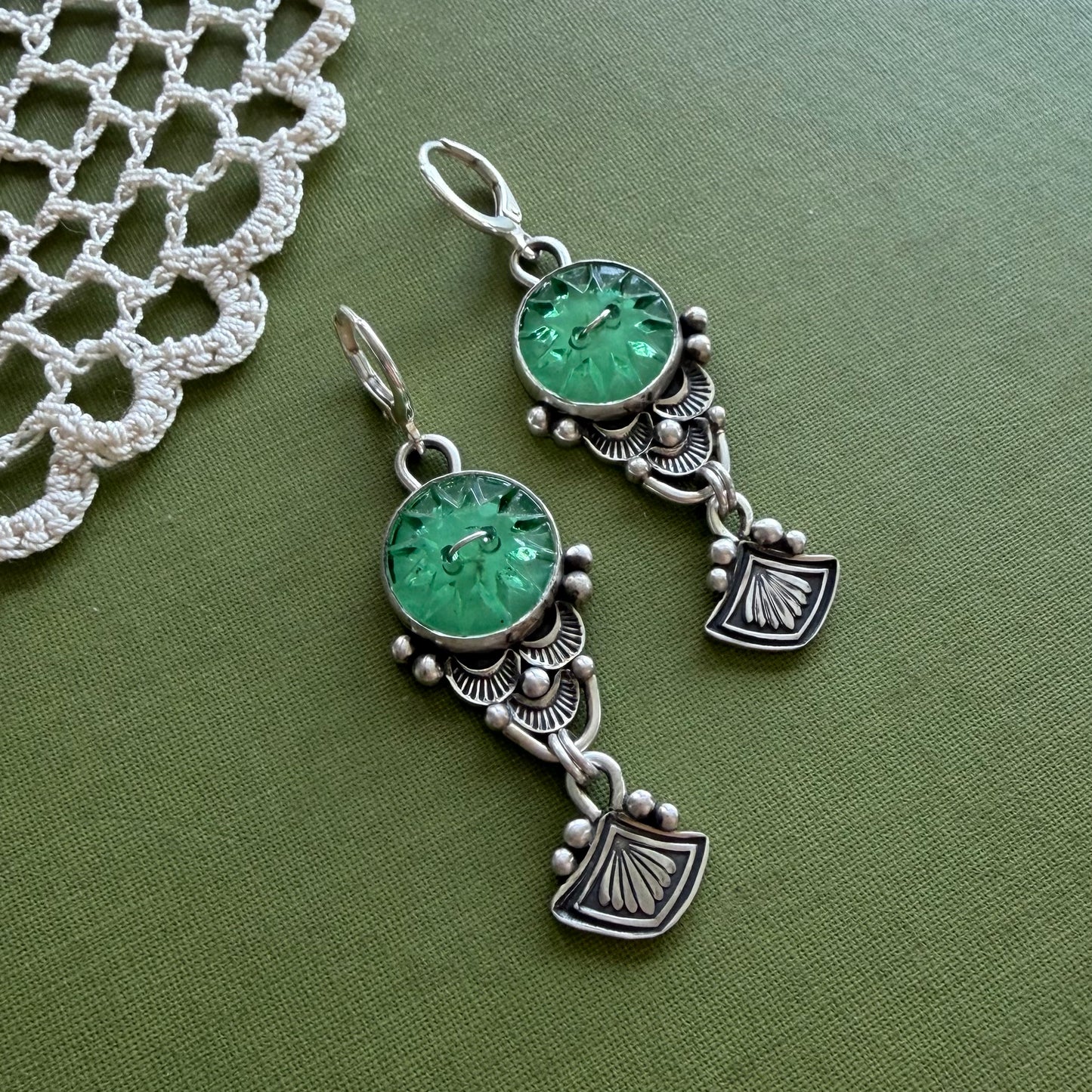 Green Glass Button Earrings