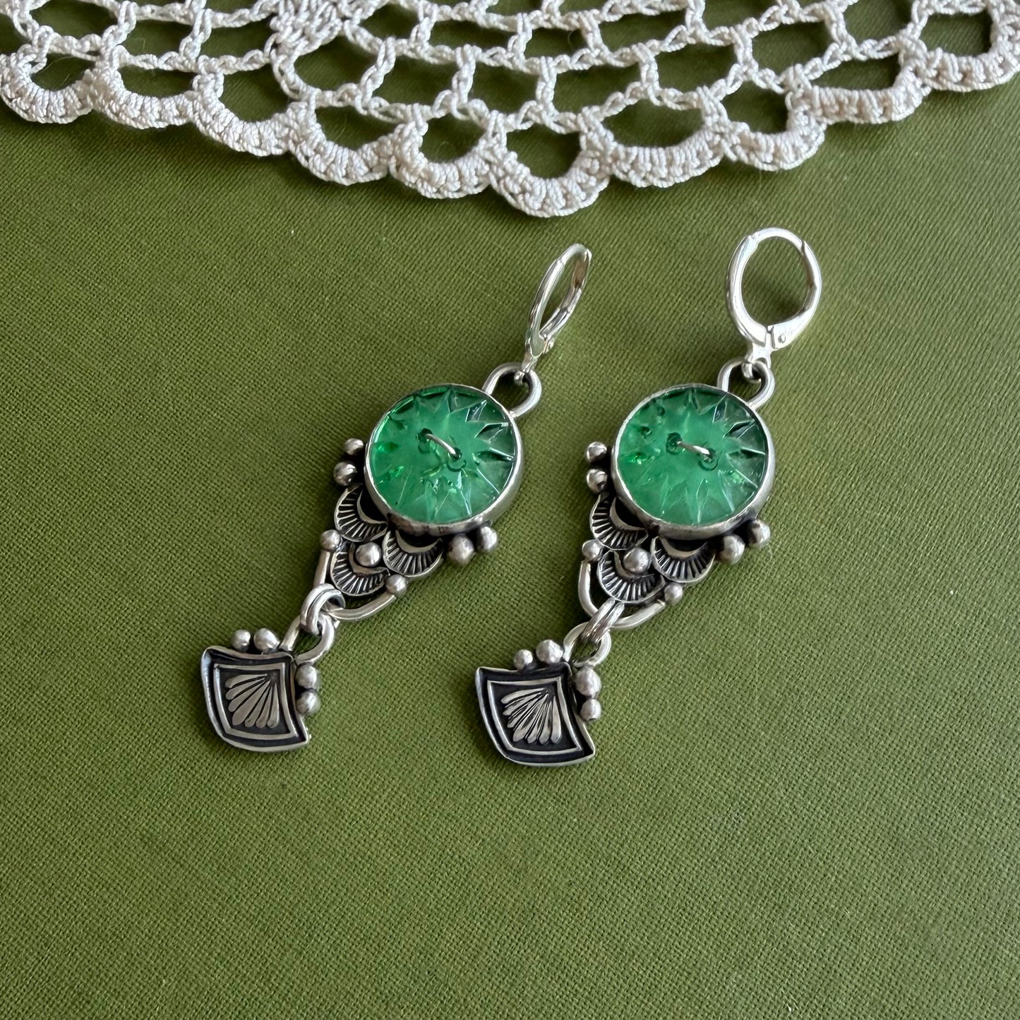 Green Glass Button Earrings