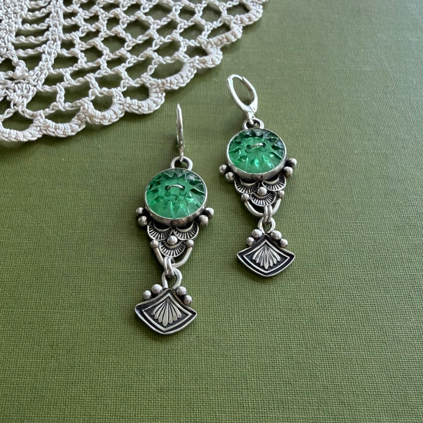 Green Glass Button Earrings