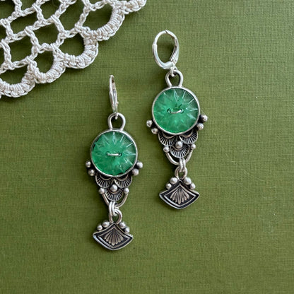 Green Glass Button Earrings