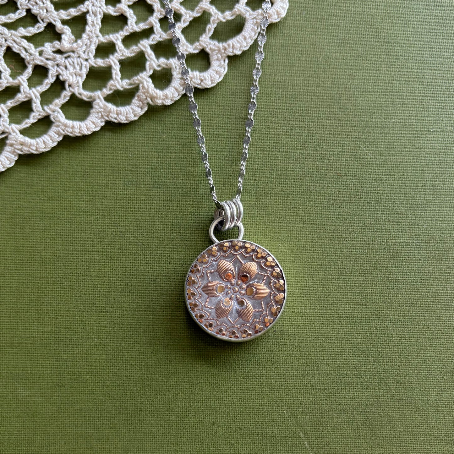 Gold Floral Glass Button Pendant