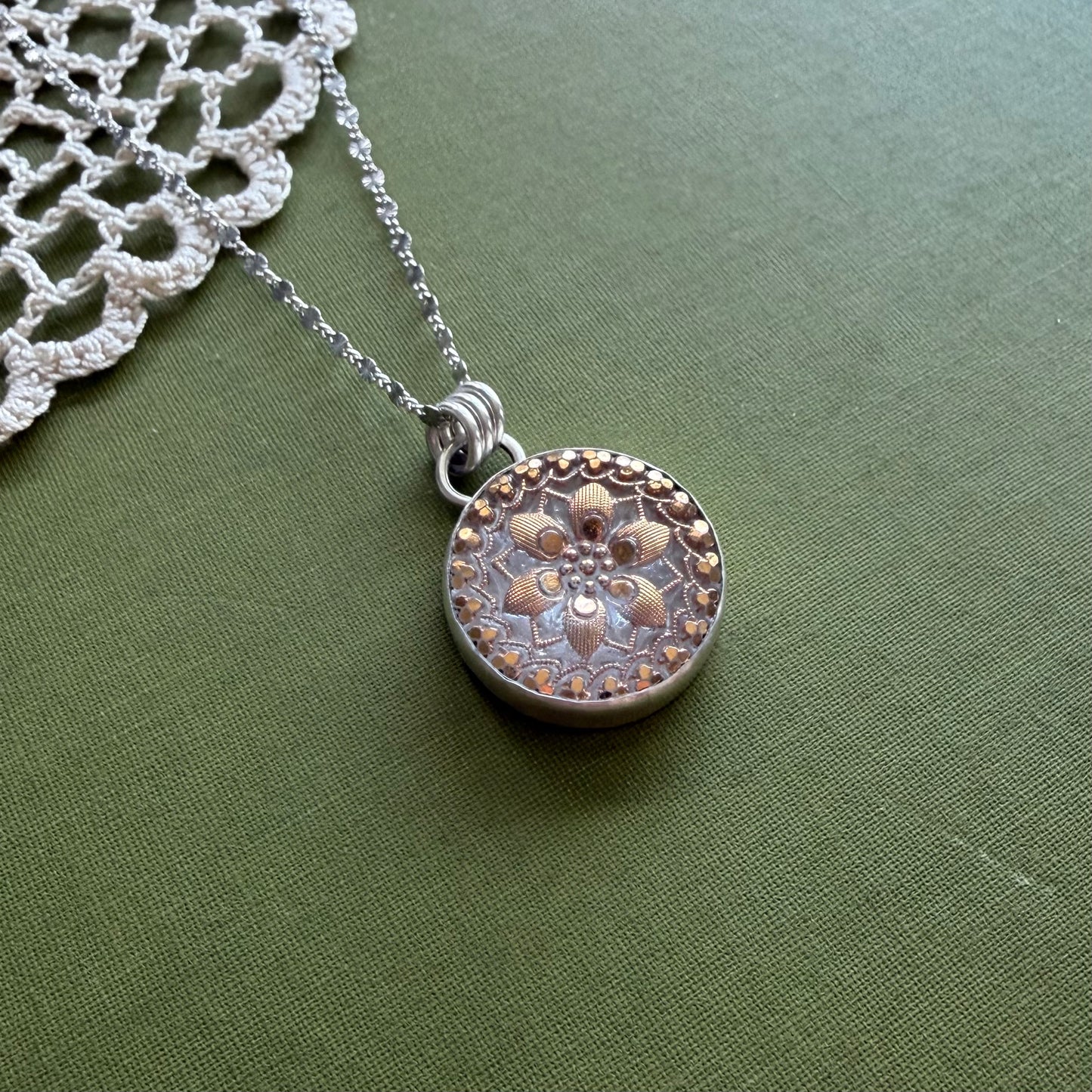 Gold Floral Glass Button Pendant