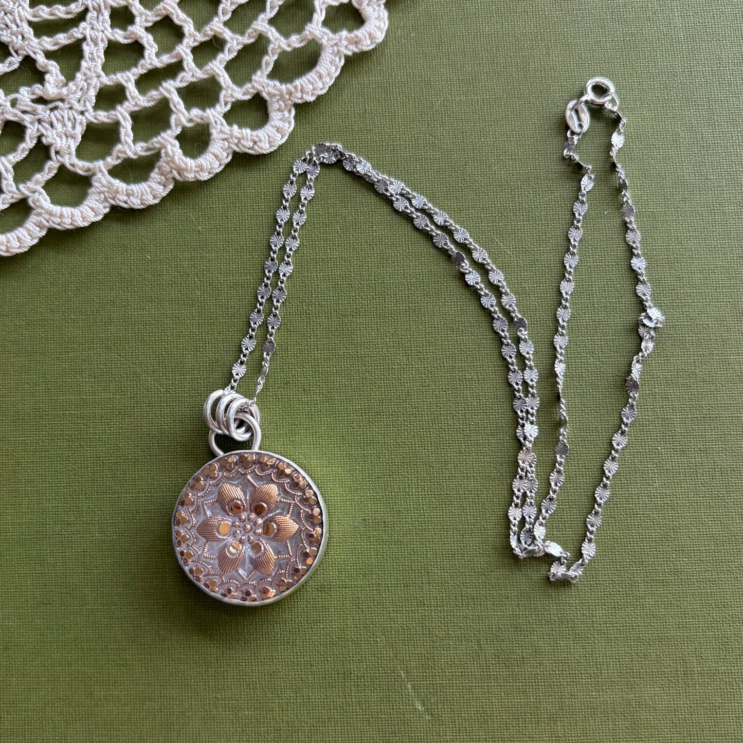 Gold Floral Glass Button Pendant