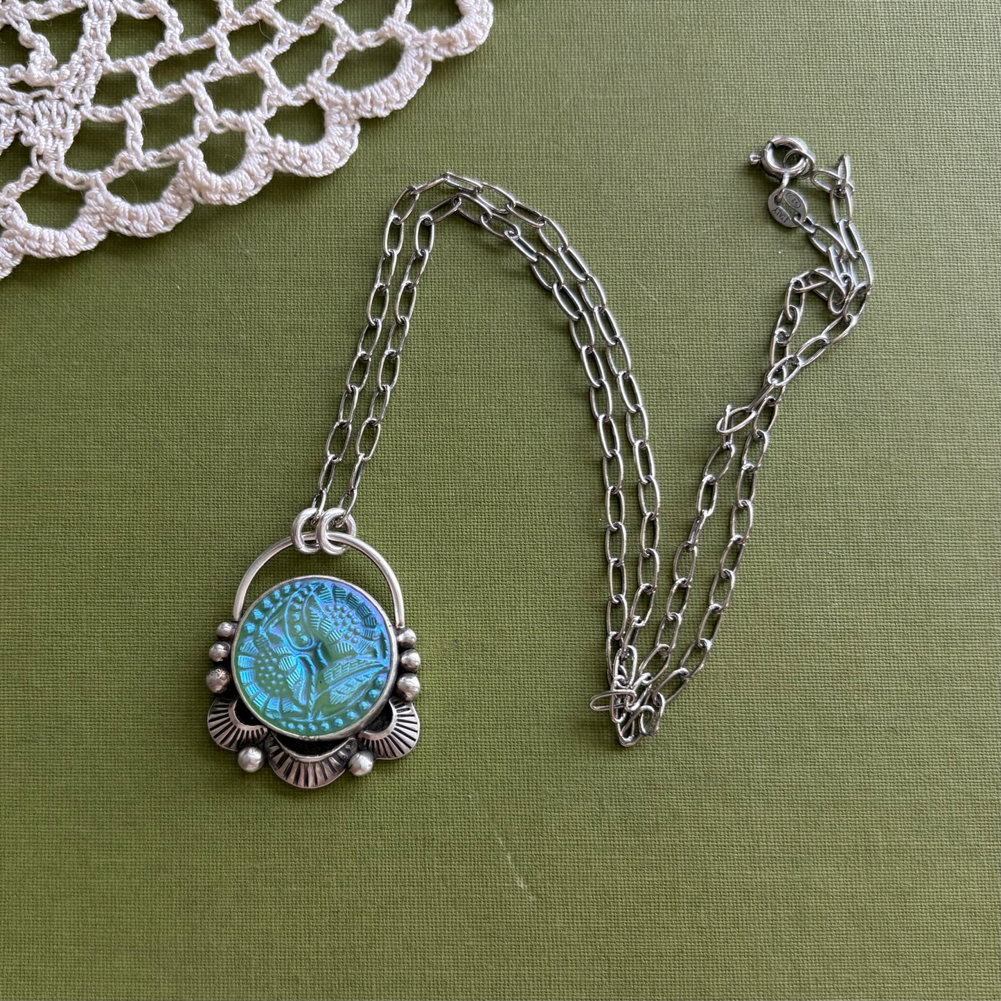 Teal Floral Button Necklace