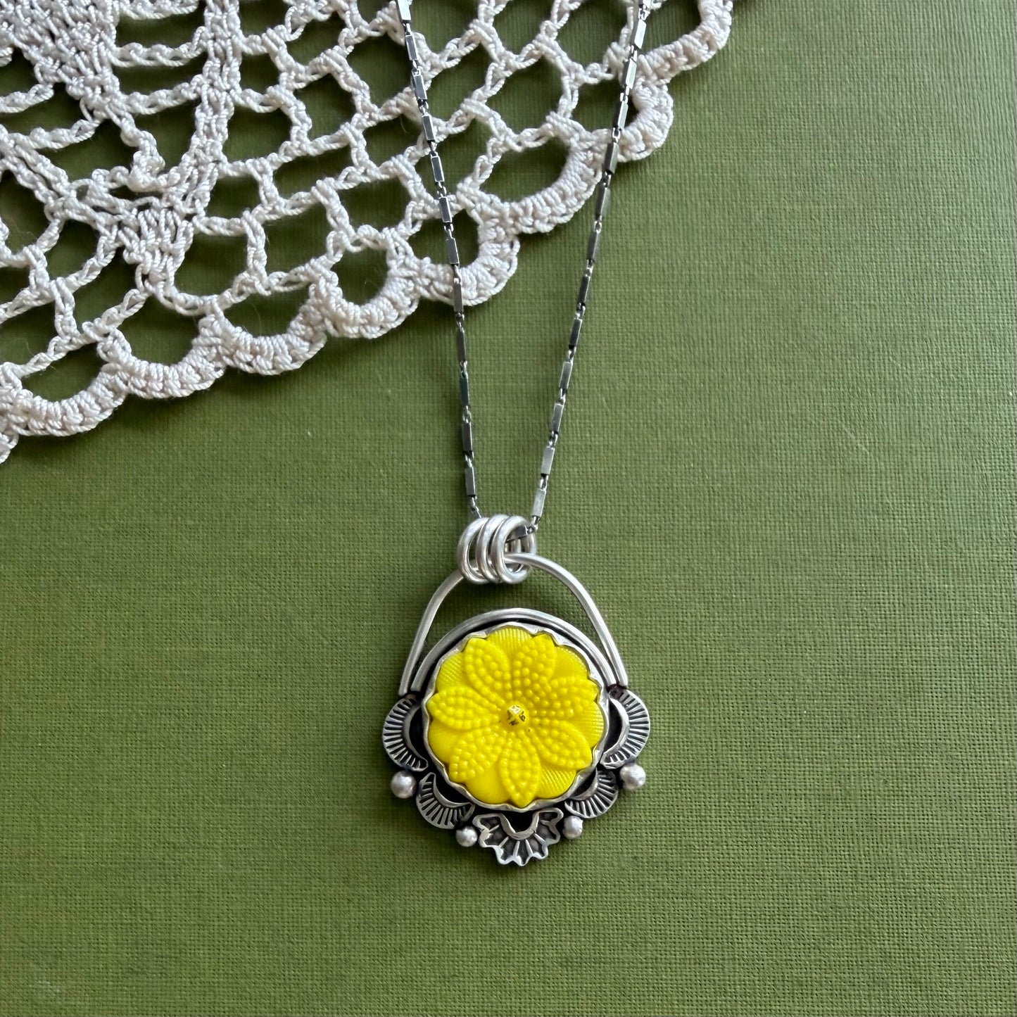 Yellow Floral Glass Button Pendant
