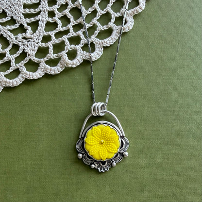 Yellow Floral Glass Button Pendant