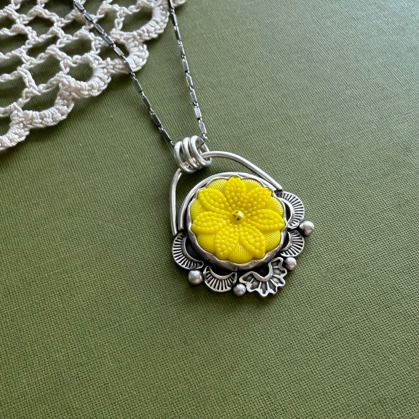 Yellow Floral Glass Button Pendant