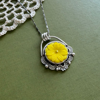 Yellow Floral Glass Button Pendant