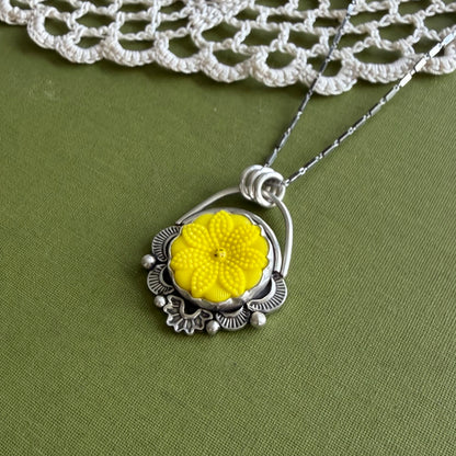 Yellow Floral Glass Button Pendant