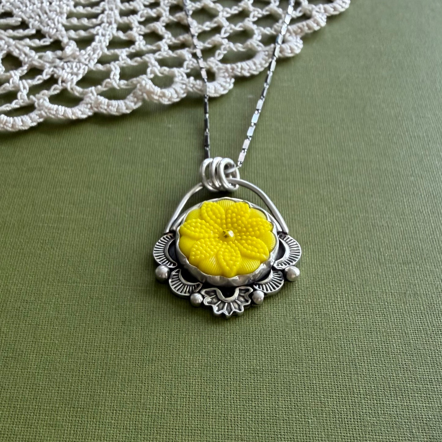 Yellow Floral Glass Button Pendant