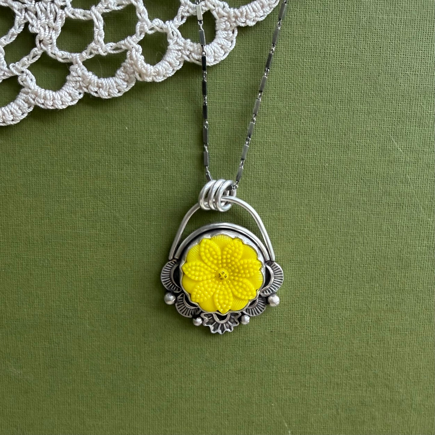 Yellow Floral Glass Button Pendant