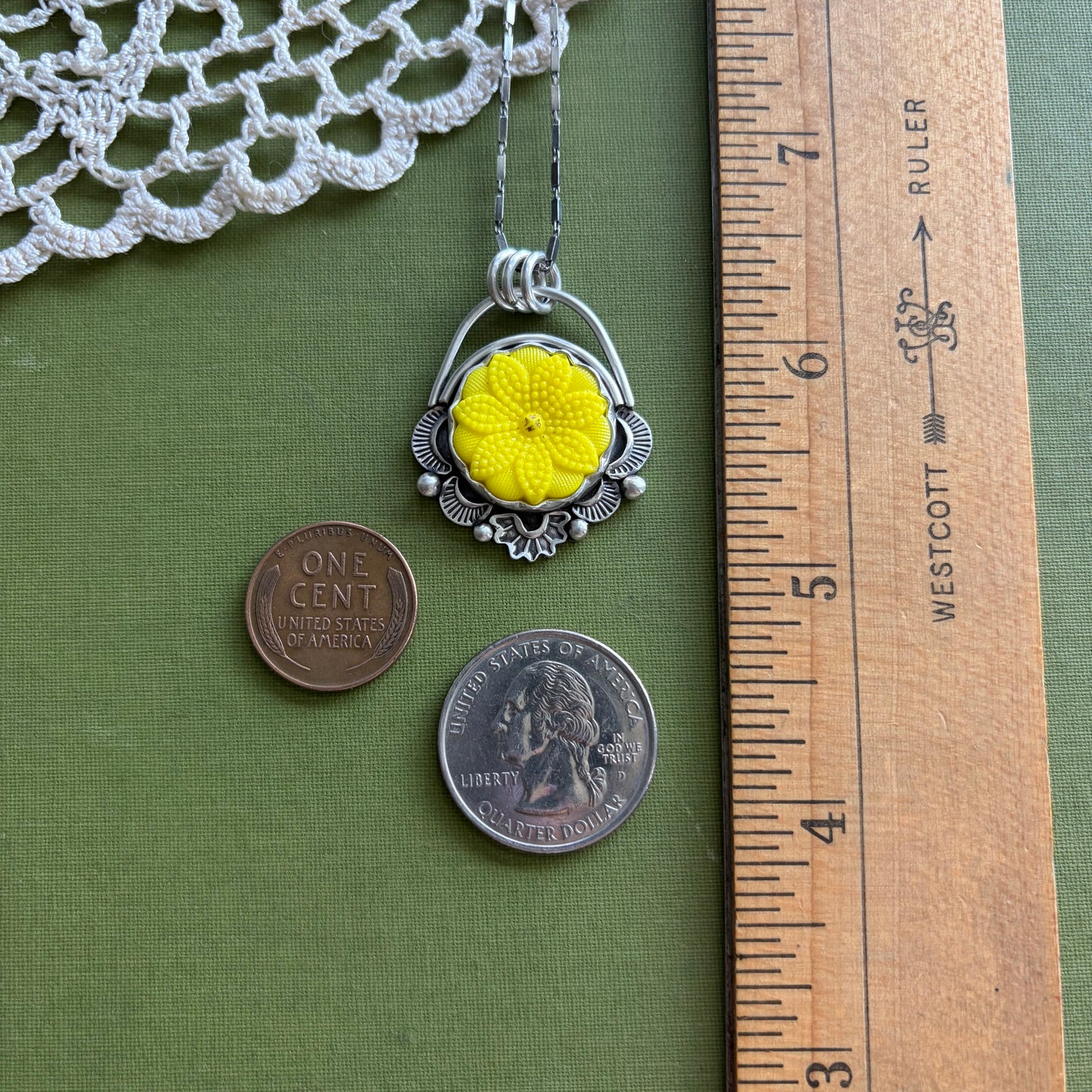 Yellow Floral Glass Button Pendant