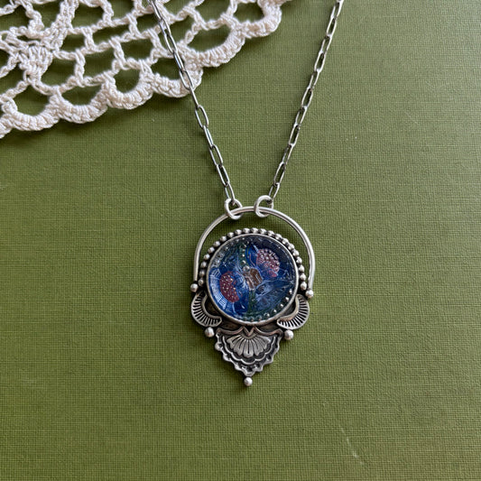 Blue & Pink Floral Glass Button Necklace